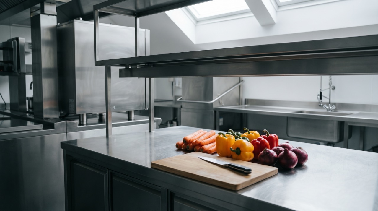 Stainless-steel food-prep surface with vegetables on a cutting board
