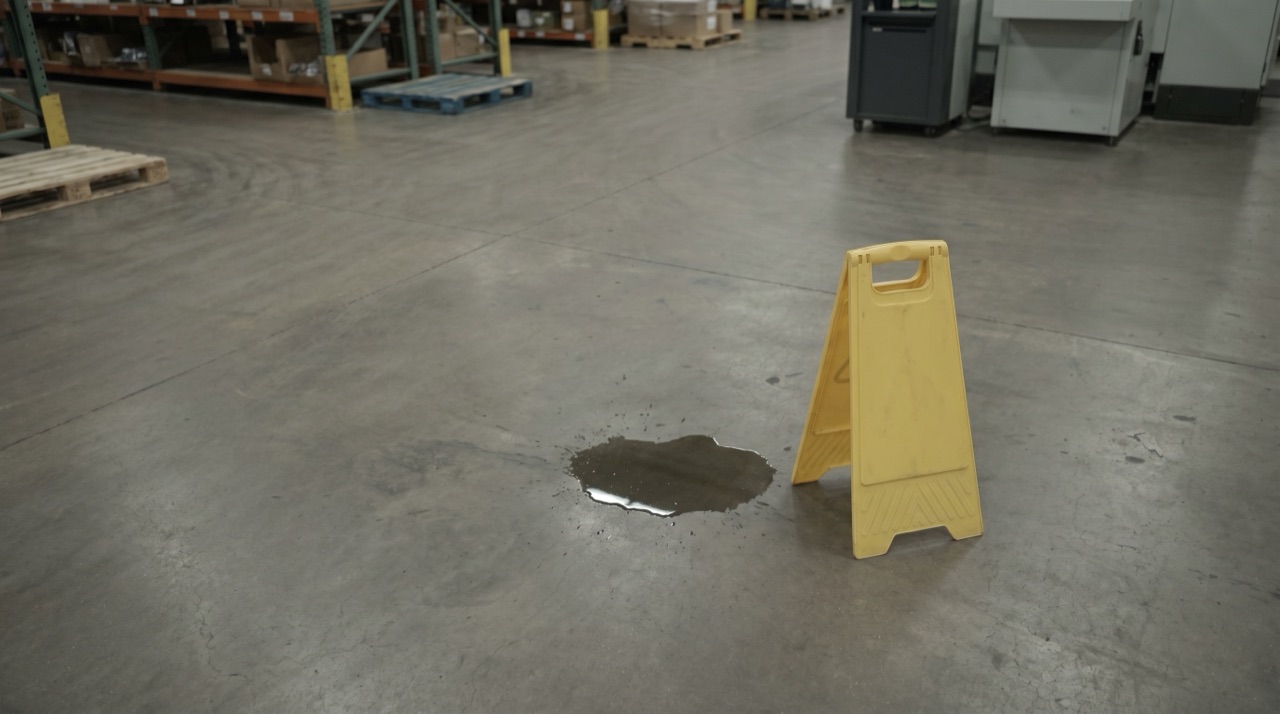 Spill on a warehouse floor with a yellow caution cone