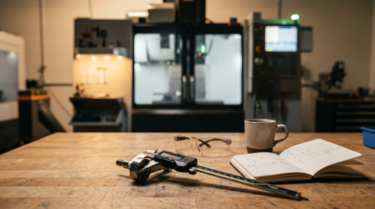 Machine-shop workbench with calipers and safety glasses near a CNC mill