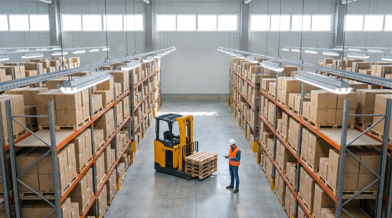 Warehouse aisle with forklift and worker